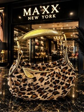 Maxx New York Genuine Calfhair Leopard Print HoboBag Gold Leather Handle NWT Y2K